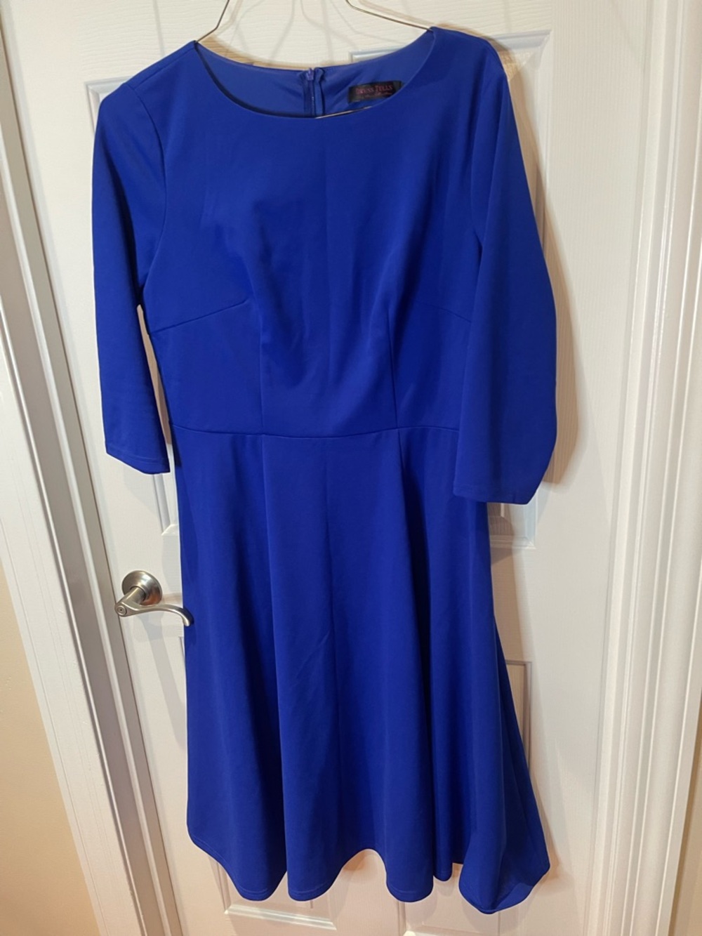 Royal Blue Fit-and-Flare Midi Dress with Three-Quarter Sleeves - Picture 7 of 12